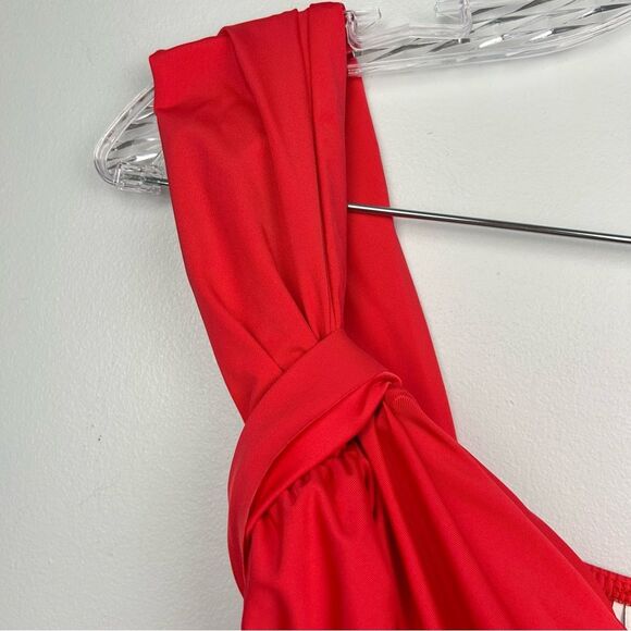 Badgley Mischka One Piece Wide Strap Swimsuit Red Ruched Sweetheart Crossover 8 - Picture 5 of 14